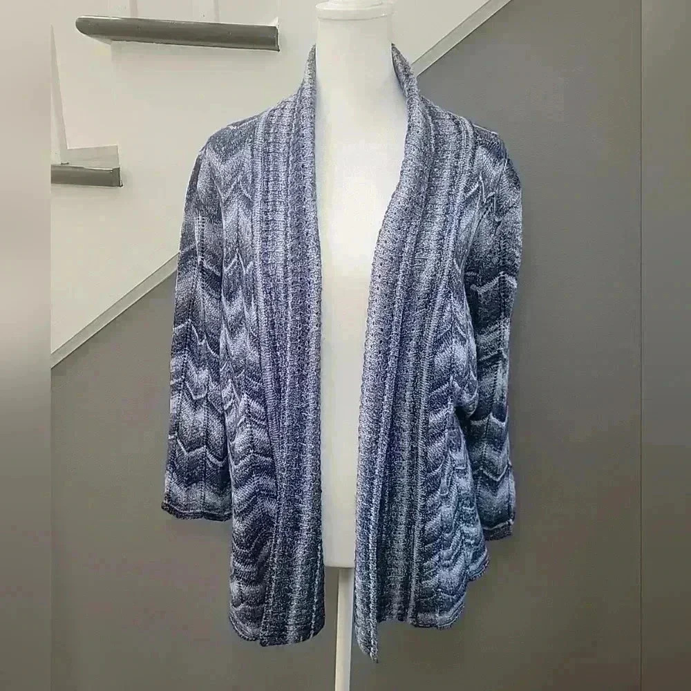 Alfred Dunner Womens Size Pl Open Front Gray & Blue Knit Sweater Cardigan Cozy